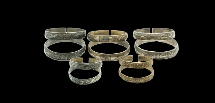  清银制手镯一组（老九和裕记款、天宝锦记宝纹款、罗金茂款、凤祥德记上款、茂大款） 
