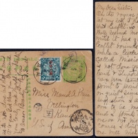  清四次邮资片1912年北京寄美国，加贴蟠龙加盖宋体“中华民国”3分一枚