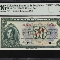  1926年哥伦比亚共和国银行50比索 PMG Gem Unc 65 EPQ COLOMBIA. El Banco de la Republica. 50 Pesos