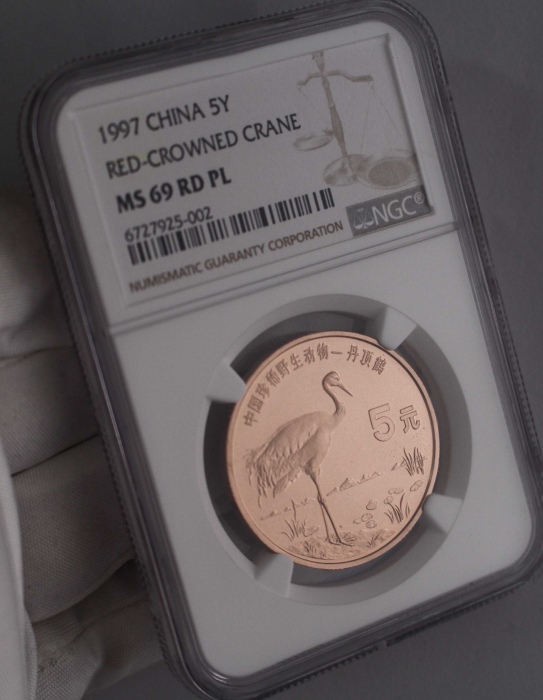  1997年中国珍稀野生动物5元丹顶鹤精制 NGC MS 69