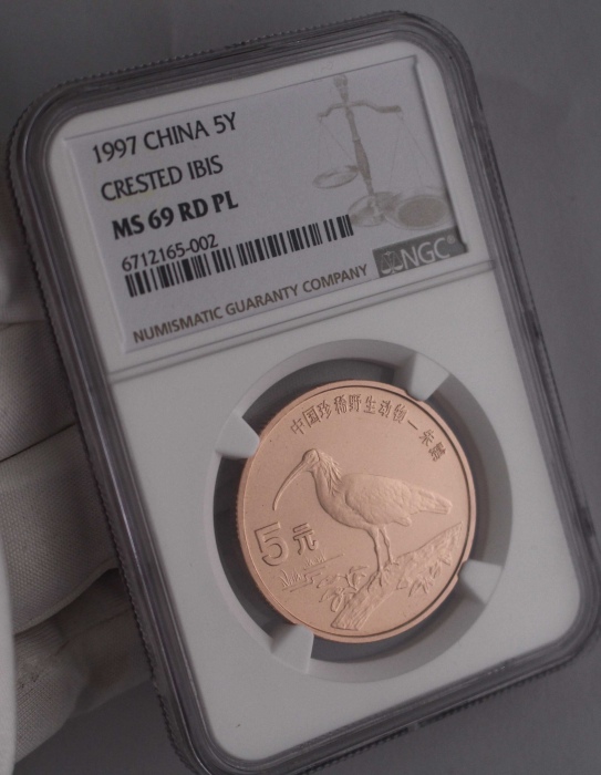 1997年中国珍稀野生动物5元朱鹮精制 NGC MS 69