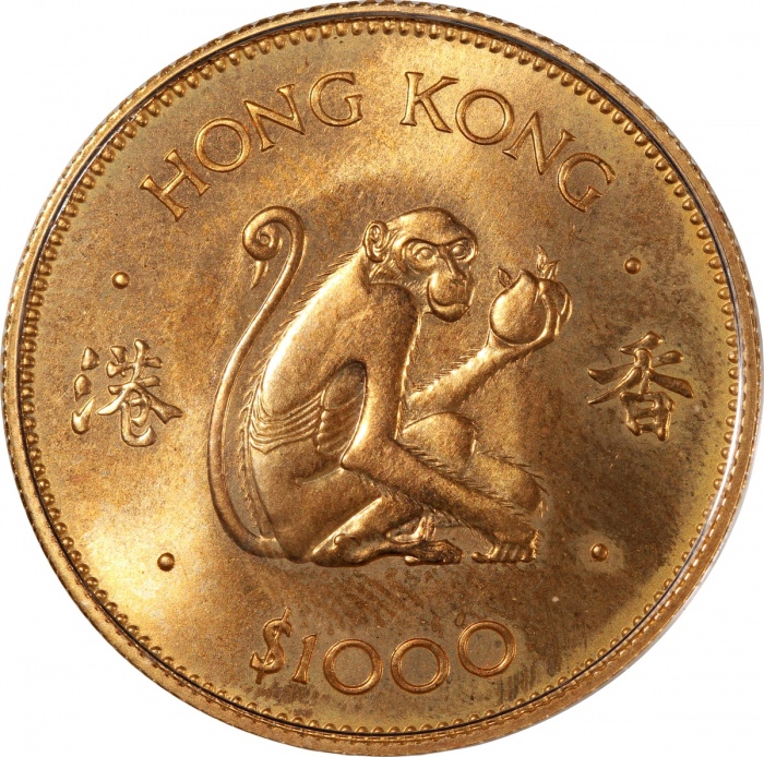  1980，1983年香港猴年及猪年生肖金币壹仟圆一组两枚，含金量91.6%，每一枚重0.56盎司，UNC品相