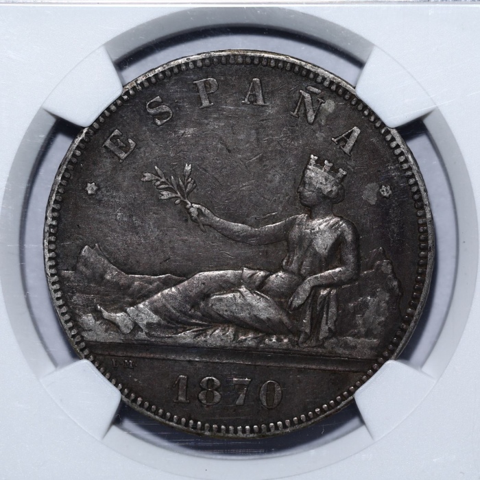 1870年西班牙5比塞塔拿花银币 NGC XF45