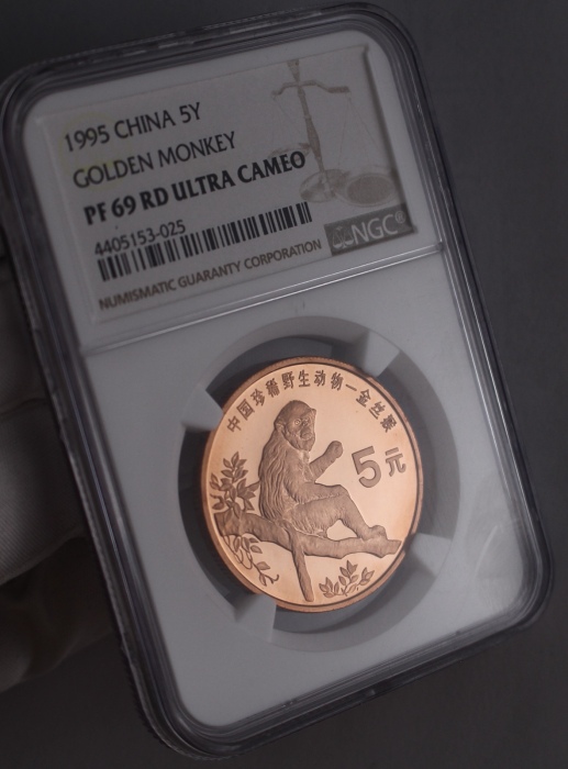  1995年中国珍稀野生动物纪念5元金丝猴精制 NGC PF 69