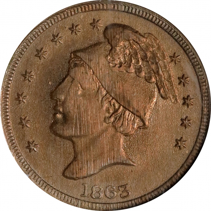  1863年水星墨丘利/腓尼基人像铜章 NGC MS 64 1863 Mercury Head / Phoenician Head