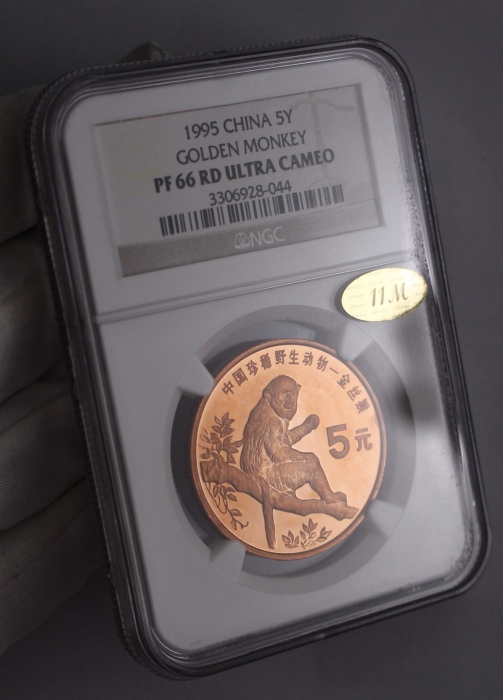  1995年中国珍稀野生动物纪念5元金丝猴精制 NGC PF 66