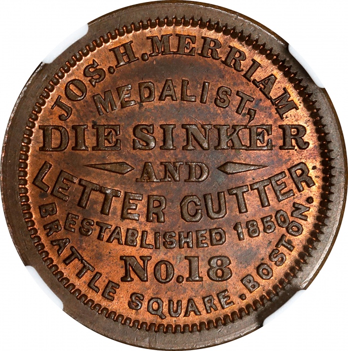  1863年马萨诸塞州波士顿约瑟夫铜章 NGC MS 66 Massachusetts--Boston. 1863 Joseph H. Merriam