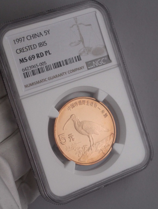  1997年中国珍稀野生动物5元朱鹮精制 NGC MS 69