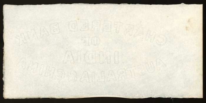  约1900年印度新金山中国汇理银行壹百圆印水纸，中央有银行名称，尺寸25.5x11.9厘米，纸边轻微泛黄，UNC品相