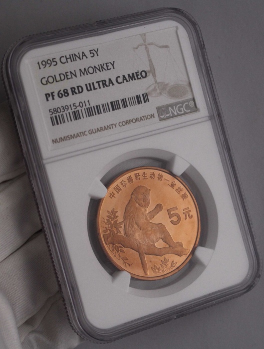  1995年中国珍稀野生动物纪念5元金丝猴精制 NGC PF 68