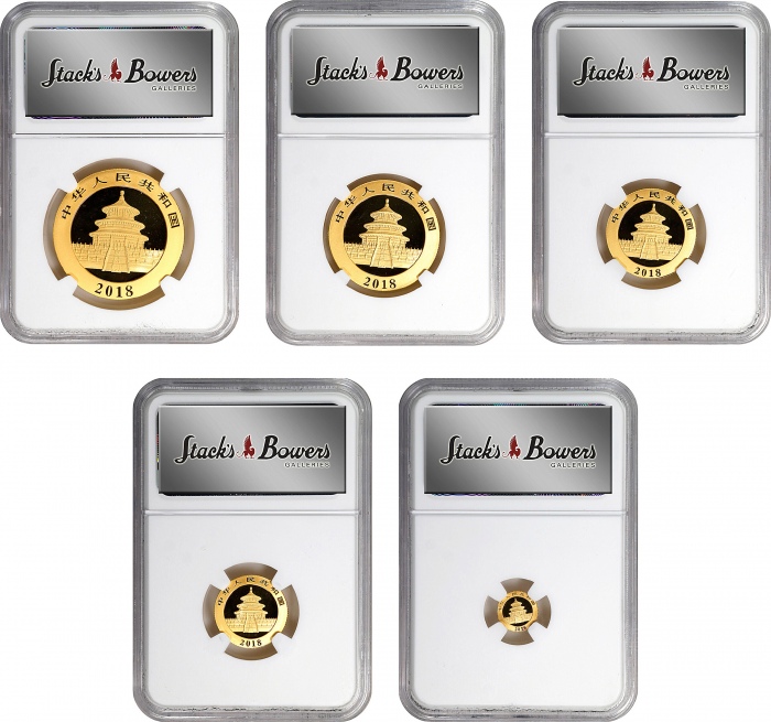  2018年熊猫金币一组。五枚。熊猫系列。(t) CHINA. Gold Panda Mint Set (5 Pieces), 2018. Panda Series, First Day of Issu