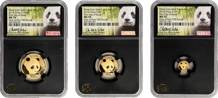  2018年熊猫金币。三枚。熊猫系列。(t) CHINA. Set of Gold Panda Denominations (3 Pieces), 2018. Panda Series, First D
