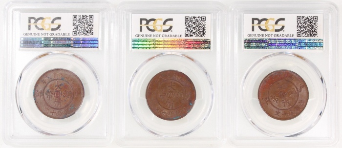  丙午户部大清铜币十文中心川字3枚一组，2枚评PCGS UNC details，1枚AU Details，均有环境损害，#80750923，#80750919及#80750922. Qing Dynas