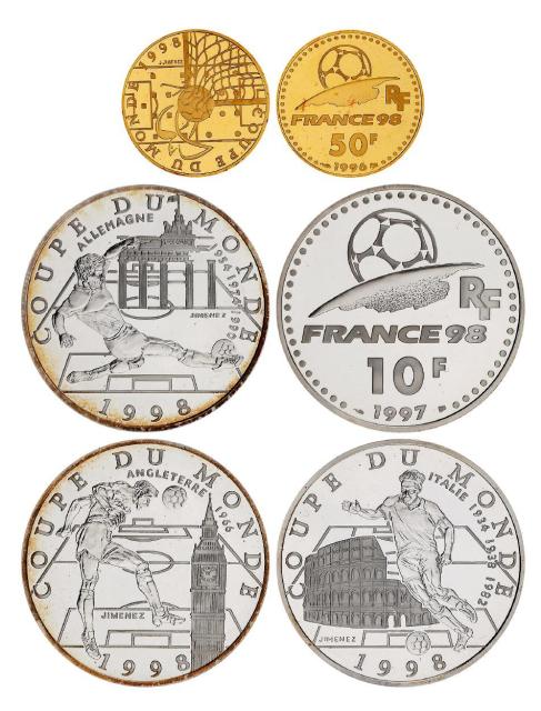 1996、1997年法国发行第16届世界杯足球赛纪念币四枚套装 1996、1997年法国发行第16届世界杯足球赛纪念币四枚套装