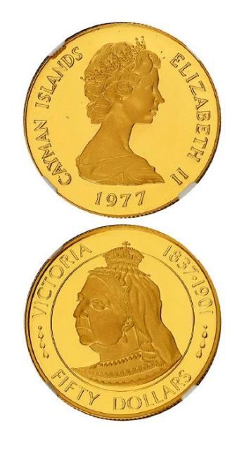 1977年英属开曼群岛发行维多利亚女王像50开曼元纪念金币/NGC PF69 ULTRA CAMEO